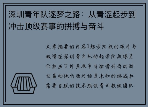 深圳青年队逐梦之路：从青涩起步到冲击顶级赛事的拼搏与奋斗